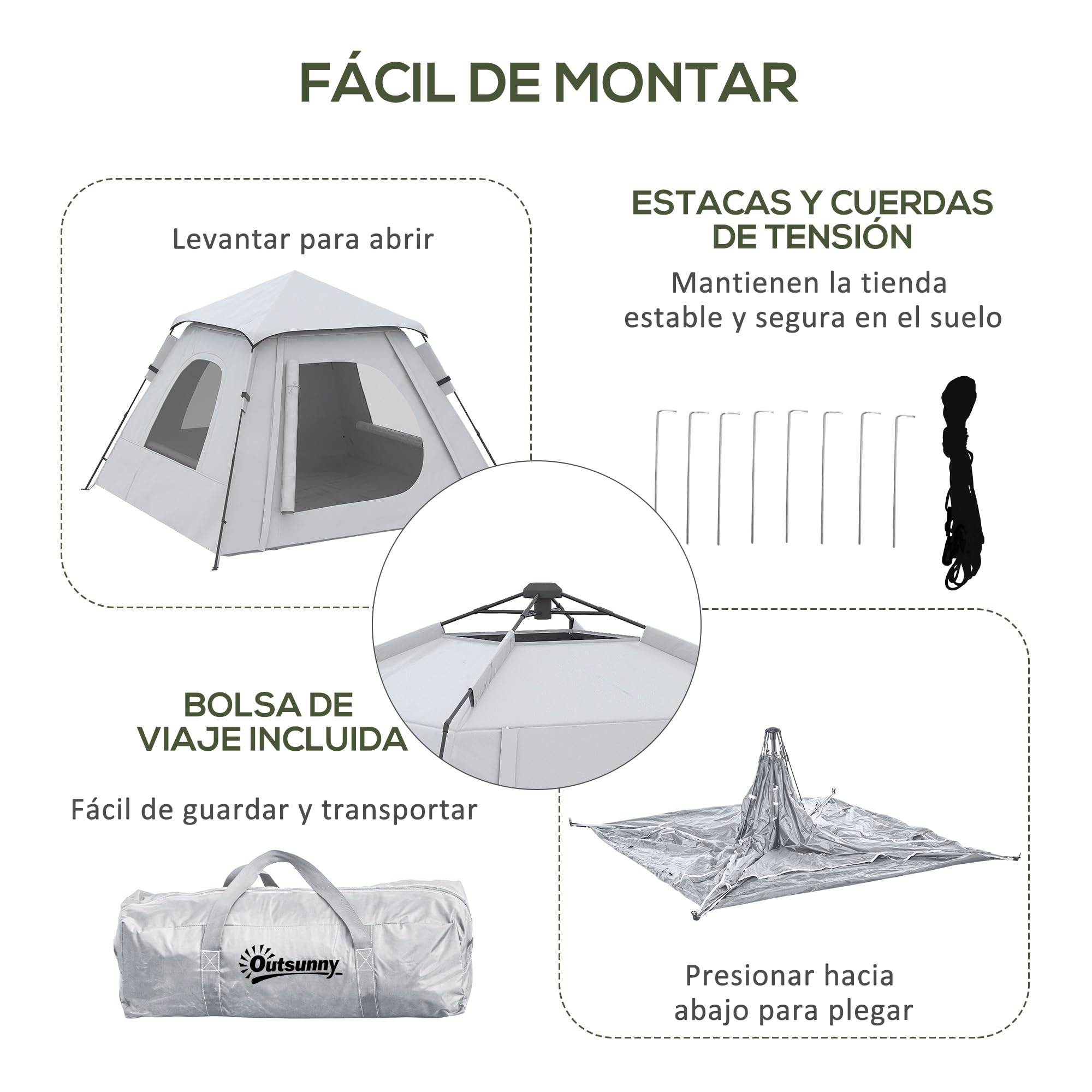 Outsunny Tienda de Campaña Pop-up 2-3 Personas Impermeable 2000 mm UV50+ 210x210x150 cm
