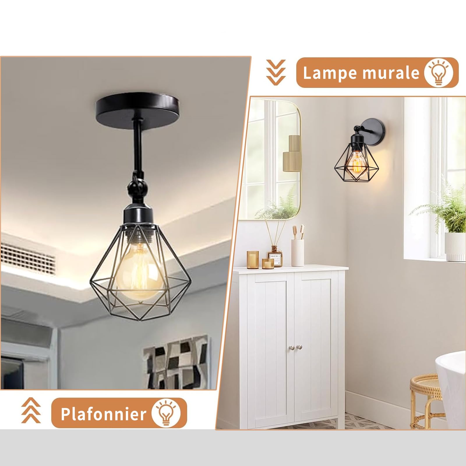 Lot de 2 Appliques Murales Interieur Vintages Industrielles Plafonniers Luminaires E27 en Métal Lampe Murale Industrielles Rétro Réglable 180° éclairage Mural Cuisine Salon (2pcs)