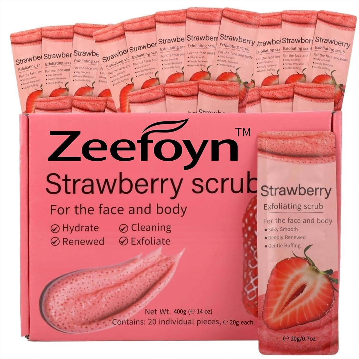 Strawberry Body Scrub Gift Set – 20g Each, 20 Individually Wrapped Packs – Travel Size Exfoliating Sugar Scrub Bulk Set with Fruity Strawberry Scent