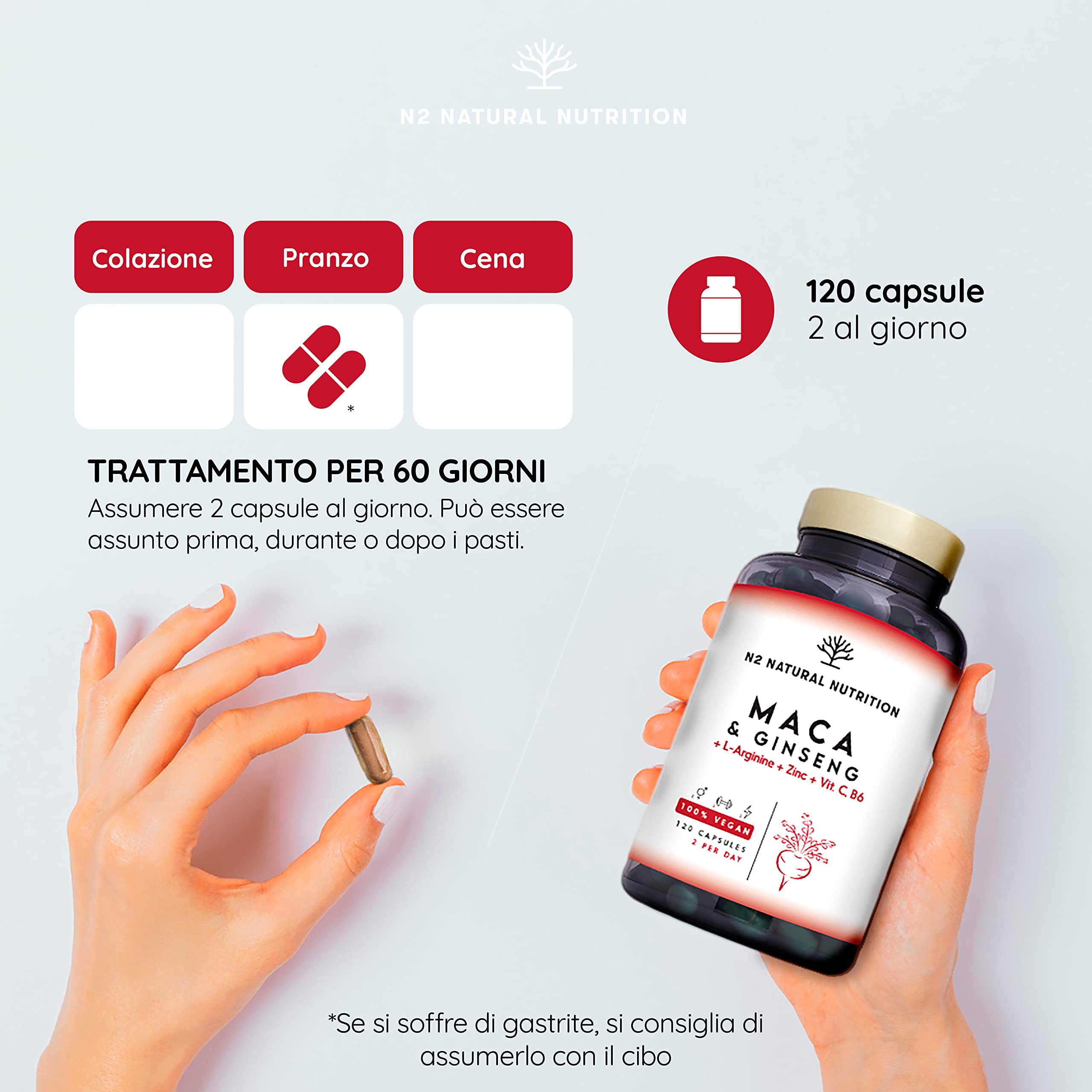 Maca Peruviana + Ginseng + L Arginina. Tripla Energia. Zinco + Vitamine C e B. Prestazioni sportive. Riduce Stanchezza e Fatica. Antiossidante. 120 Capsule. CE, Vegano, N2 Natural Nutrition