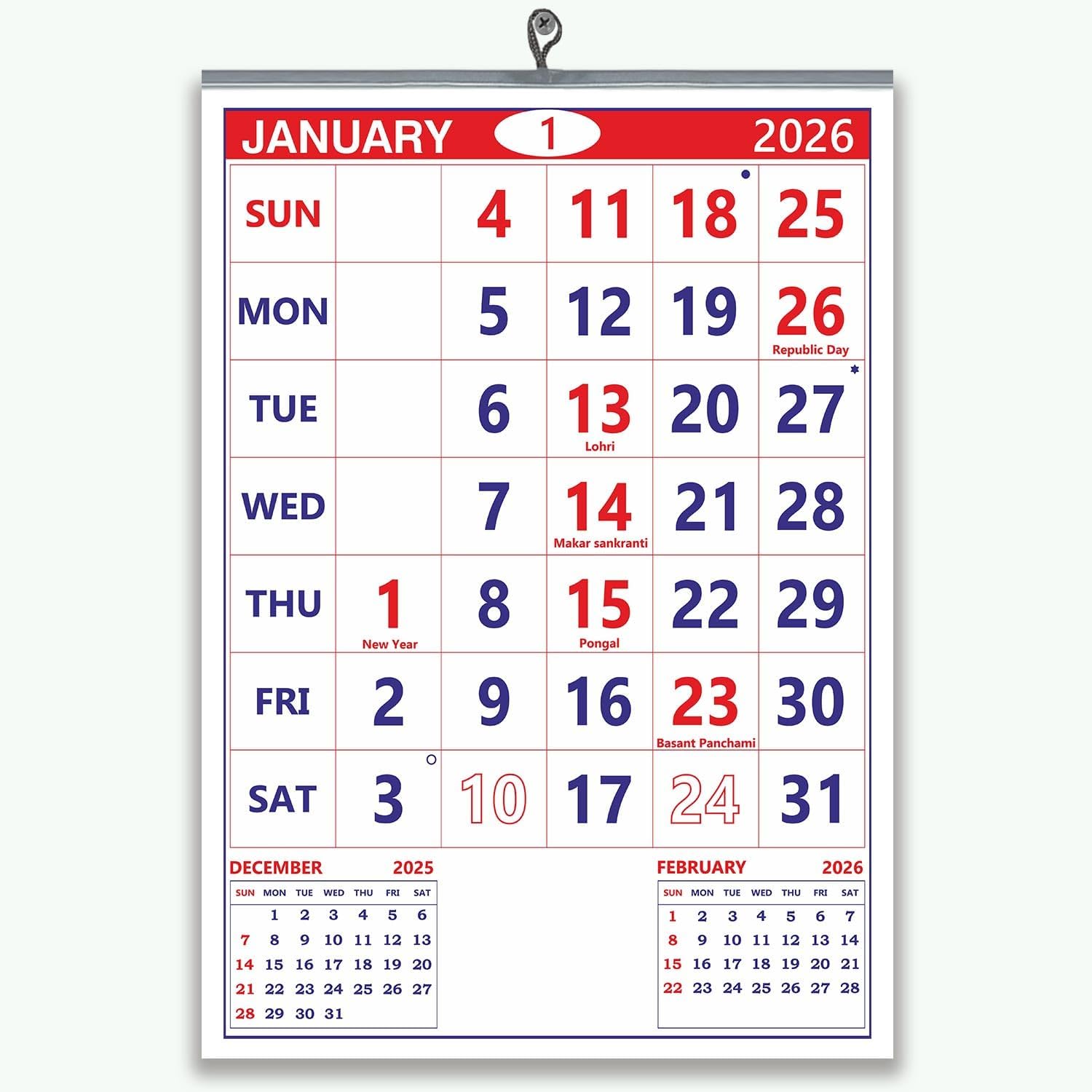 English wall calendar 2026 14x20" (35x50cm) 12 sheets monthly wall calendar 2026 Red Royal Blue