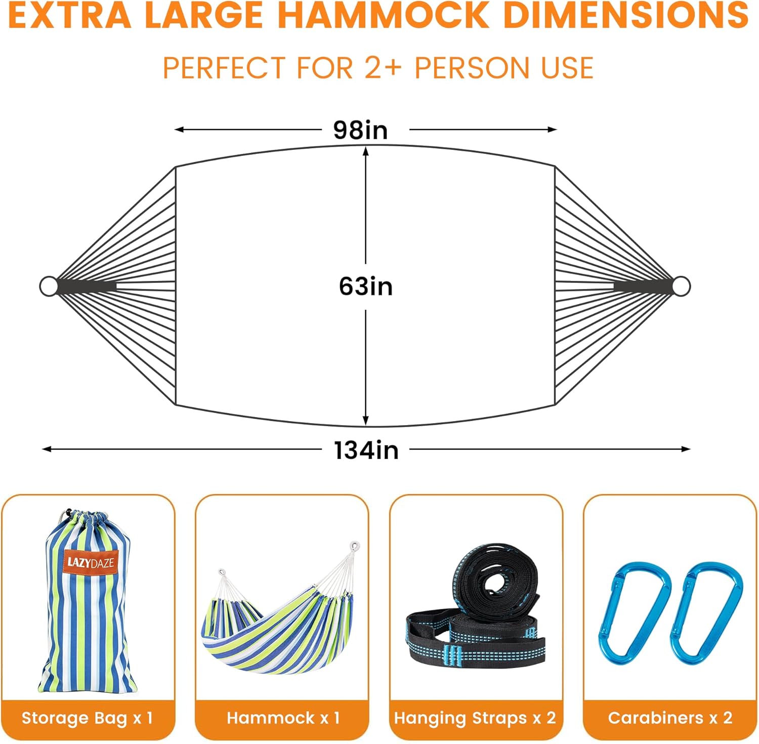 Lazy Daze Hammocks Extra Large Double Hammock, Portable Camping Hammock with Travel Bag & Tree Straps for Outdoor, Camping, Backyard, Patio, 550lbs Capacity, Blue & Light Green