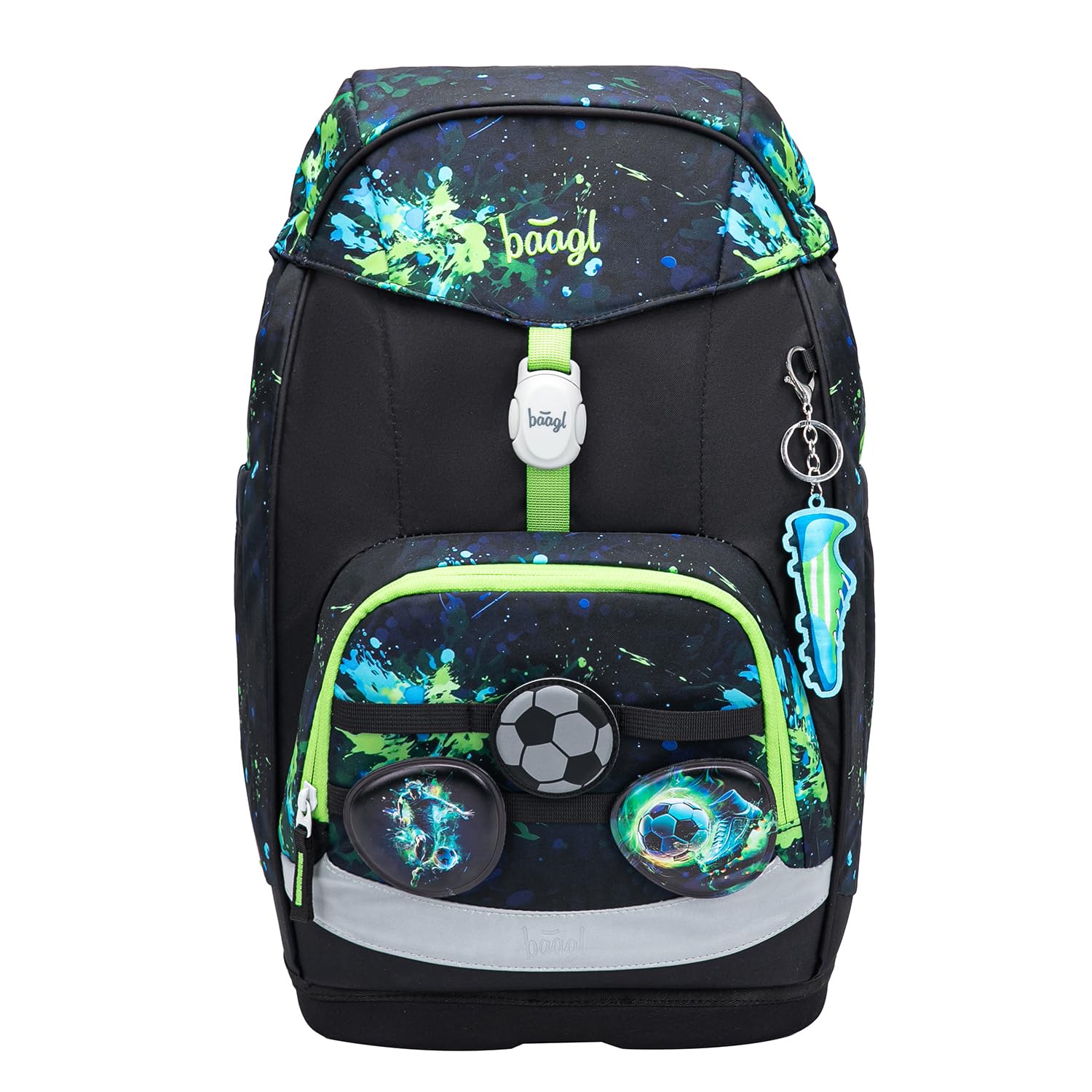 Baagl Schulranzen Jungen Set 5 Teilig (Airy Plus Schultasche für 1. Klasse, Mäppchen, Turnbeutel, Schürze, Brustbeutel), Grundschule Ranzen, Ergonomischer Schulrucksack, 25 l (Fußball)