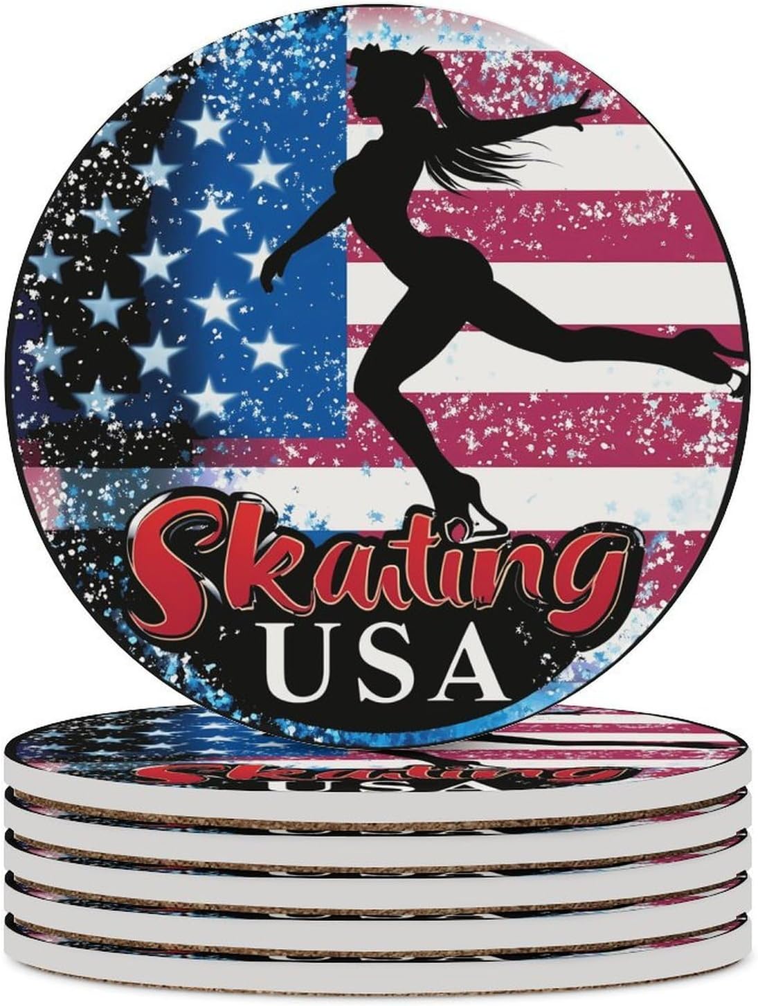 Ice Skating Dance USA Flag Coasters for Drink Round Ceramic Coaster with Cork Base Home Decorative 4PCS