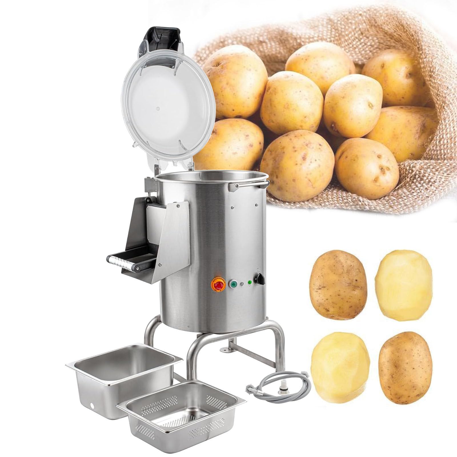 Peladora de patatas profesional - 70-100 kg/h - Tubo de agua de acceso + cubierta transparente, peladora automática de acero inoxidable - Pelado rápido en 3 minutos, trituradora de patatas, 220 V