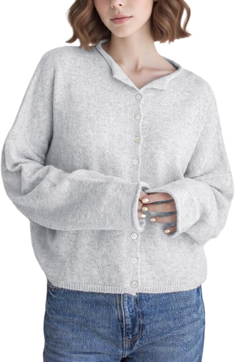 Women Lightweight Cardigan Sweater Button Down Long Sleeve Crewneck Crop Knit Cardigans Casual Basic Knitwear