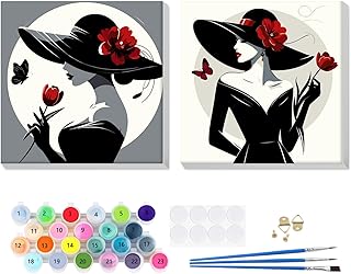2 Piezas Dama Vestida de Negro Pintar por Numeros Adultos Niños con Marco, Cuadros para Pintar por Numeros Floral, Lona sin Pliegues Pintura al Colorear por Numeros, Decoración del Hogar 20x20cm
