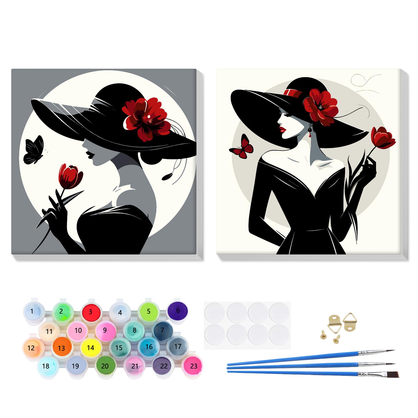 EOBROMD 2 Pack Black Dress Lady Paint by Numbers for Adults Children, Flower Paint by Numbers Kits with Frame, Painting by Numbers for Gift Home Wall Decor 8x8inch