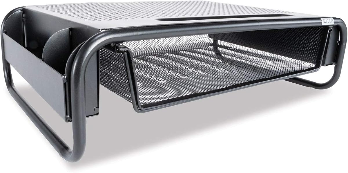 Allsop 32166 Organizador artístico de metal con 5 elevadores, soporte para monitor con cajón y carritos laterales, negro