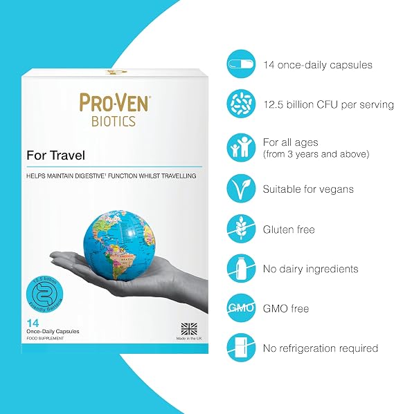 Pro-Ven Biotics for Travel | 12.5 Billion Live Bacteria with Ginger Glutamine and Calcium | Daily Digestive Support for Holidays and Overseas Trips Easy to Pack | 14 Capsules