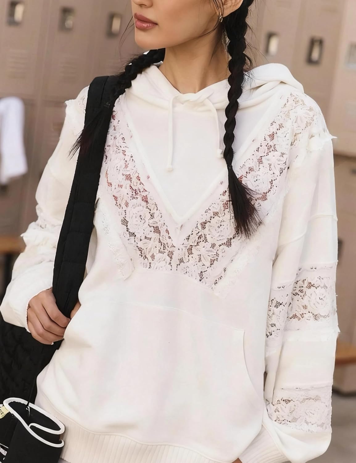 Women’s Pullover Hoodie Lace Eyelet Sweatshirt Long Sleeve Ruffle Trim Hoodie with Kangaroo Pocket(White-S) - Image 4