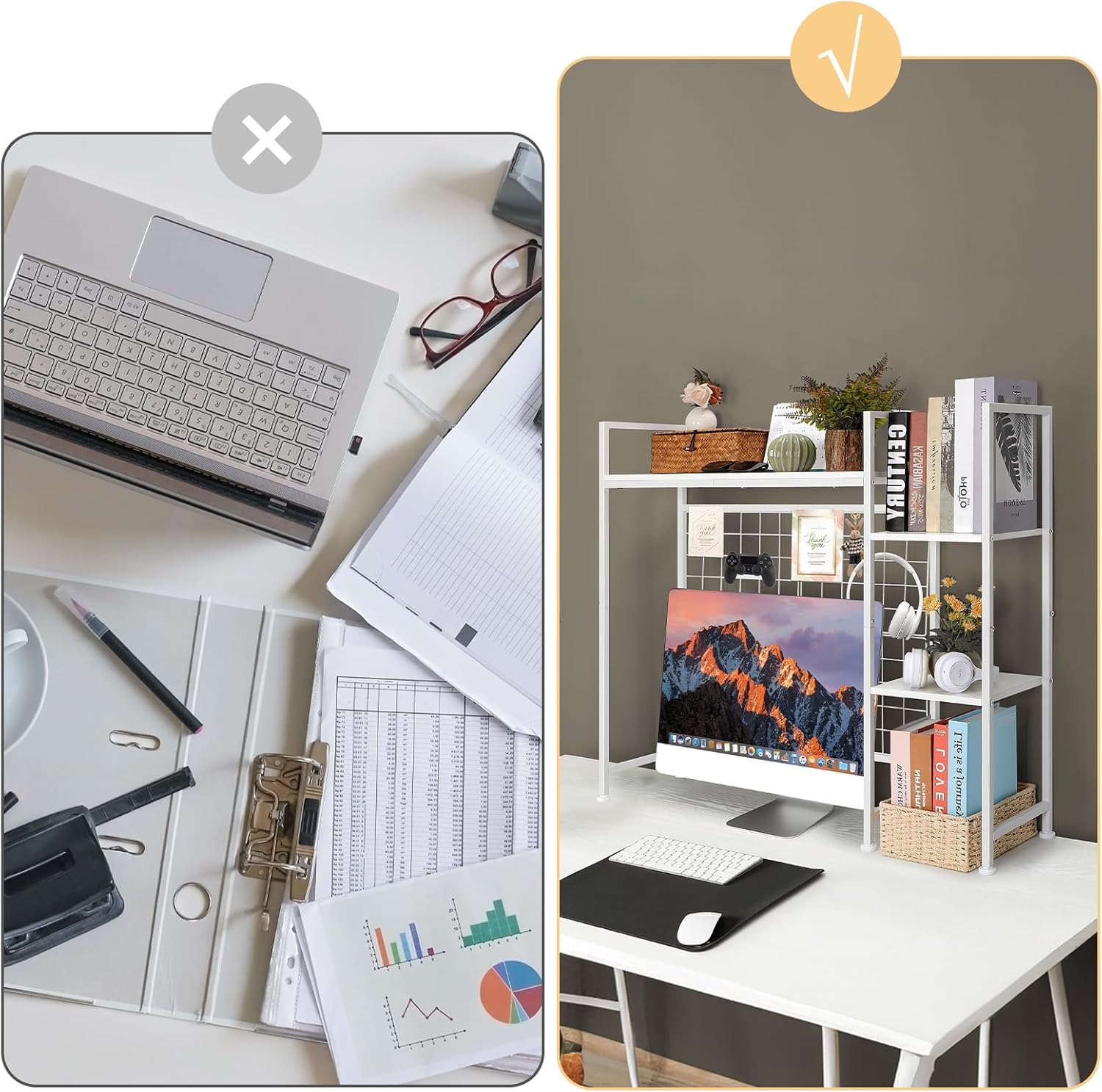 YBING Desk Shelf, 37.4" Desktop Organizer Shelf, Desk Hutch for Computer Monitor, Display Bookcase Rack with Grid Panel, Wood Desktop Bookshelf for Home Office Dorm, White