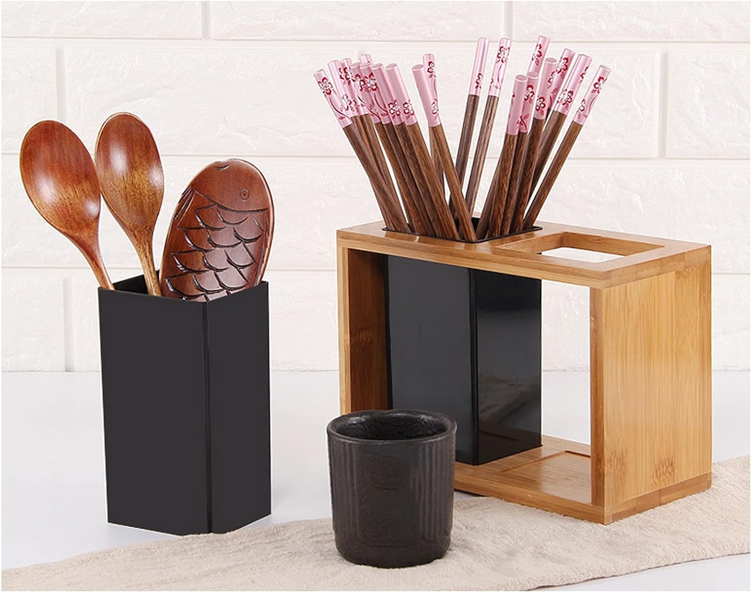 Chopstick Racks Bamboo Spoon Fork Chopstick Storage Holder Box， Double Layer Cutlery Drain Rack ，Organizer Racks for Chopsticks