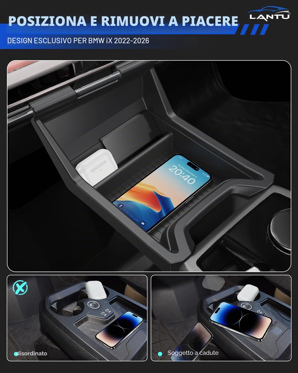 Vassoio Organizzatore per Console Centrale per BMW IX 2022-2026, Scatola Portaoggetti con Anti-Slip Silicone Liquido, Accessorio BMW IX, Design Brevettato (Superiore)