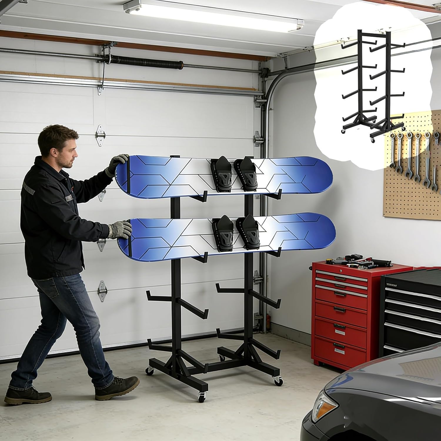 8/10-Layer Snowboard Rack for Garage, Floor Stand Skateboard Storage Holder Large Capacity, Lightweight Free-Standing Ski Organizer(10 Layer)