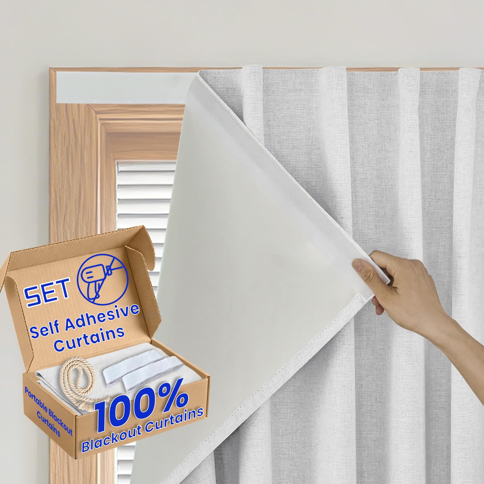 100% Blackout Magic Tape Stick On Curtains Window Shades Pull Down Blackout Window Cover No Drillng Self Adhesive Curtains No Rod Small Windows, W34 x L59 inch, 1 Panel, Off-White