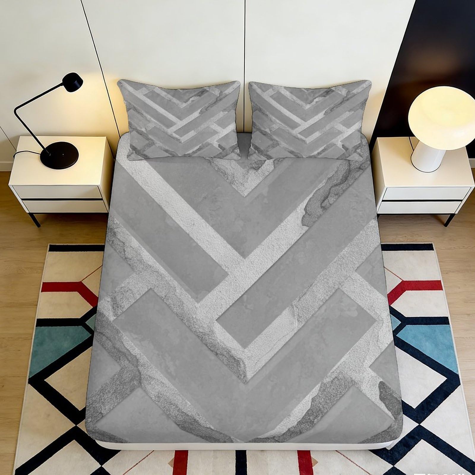 Pnayamiorkfel Style-3 3D Printed Marble Chevron Fitted Sheet Microfiber Modern Grey Geometric Bed Cover Bedroom Dorm Mattress Decor 90X200x25cm