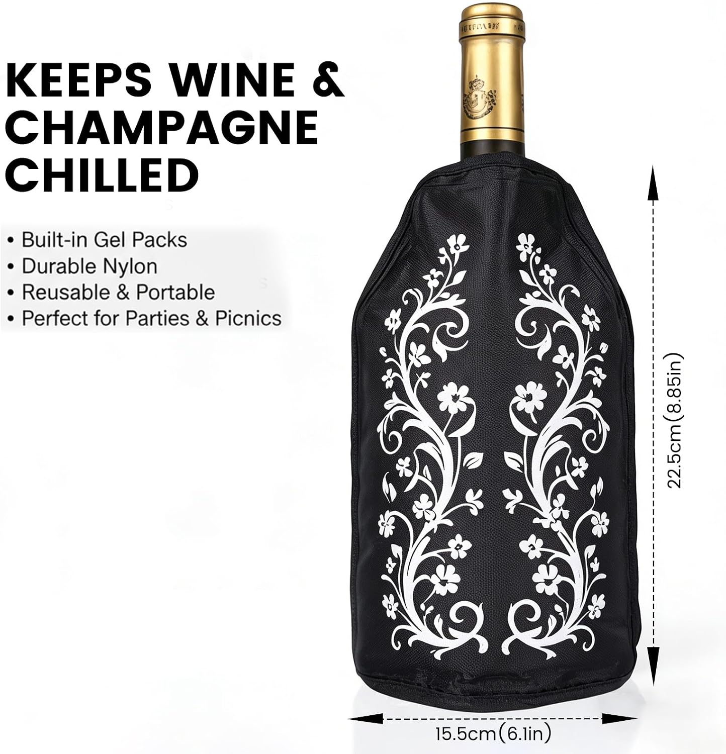 Insulated Wine Bottle Chiller Sleeve, Portable Wine Cooler for Temperature Control (White Floral Pattern)