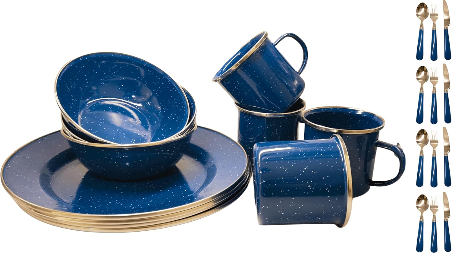 Blue Enamel 24Piece Outdoor Camping Cookware Set Sports
