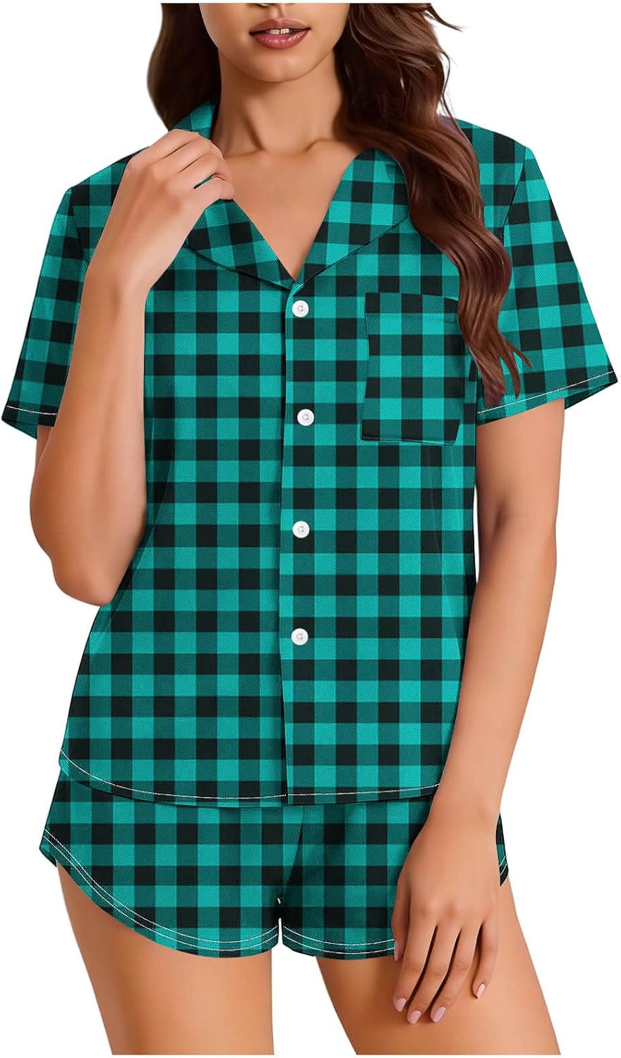 Plaid Pajama Set for Women Button Down Top 2PC with Matching Shorts Comfy Short Sleeve Sleepwear Lounge Outfits