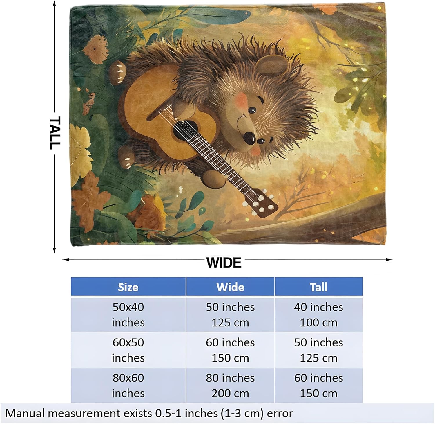 Cute Hedgehog Guitar Flannel Throw Blanket for Picnic Travel Camping,Forest Animal and Musical Instrument Decorative Blankets,Soft Lightweight Throws,Gifts for Music Lovers Musician,50x60 Inch - Image 3