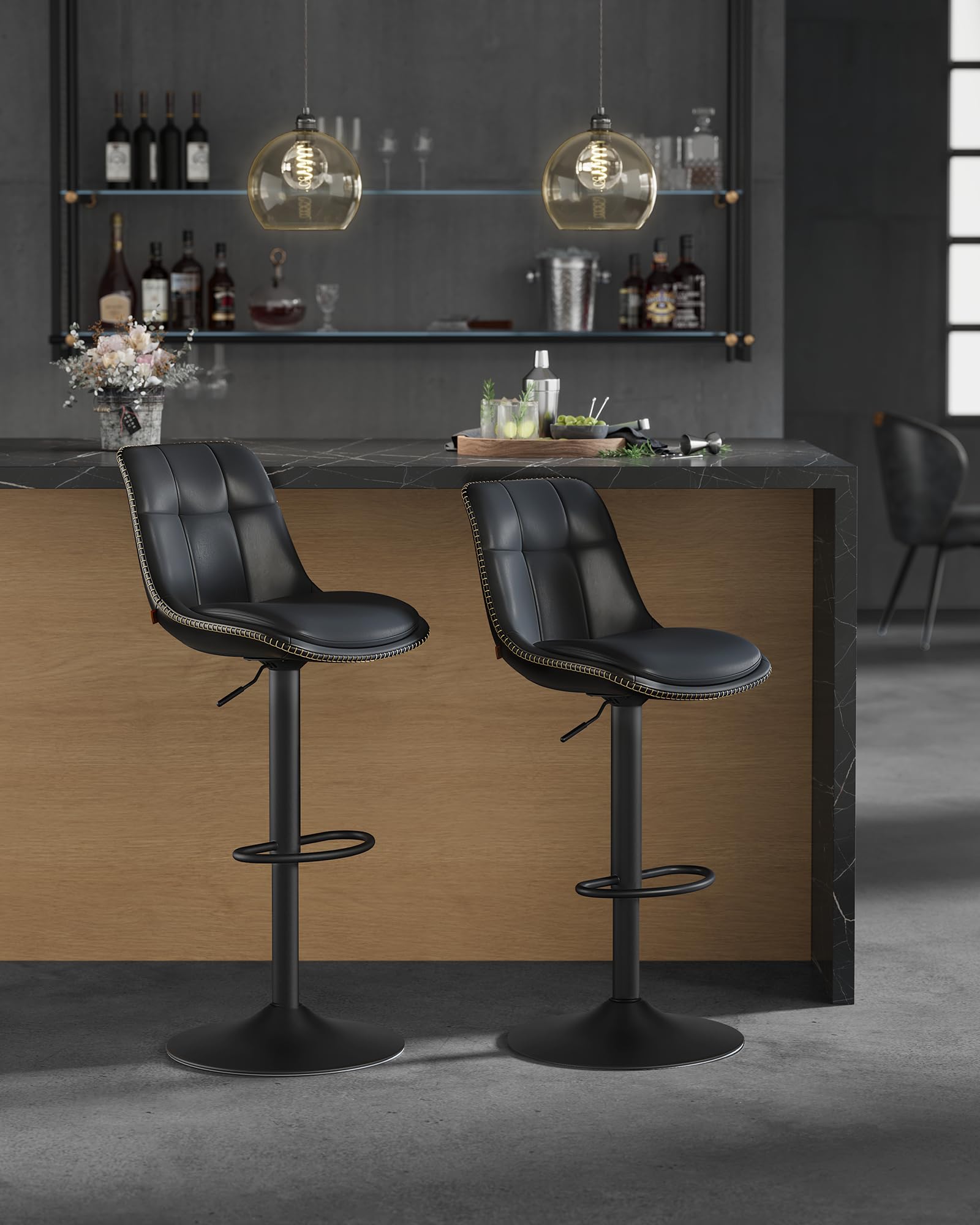 VASAGLE Set di 2 Sgabelli da Bar, Sedie da Bar Girevoli Regolabili in Altezza, PU Trapunta, Sedie da Cucina con Schienale e Poggiapiedi, Sala da Pranzo, Bancone, Acciaio, Nero Inchiostro LJB095B01