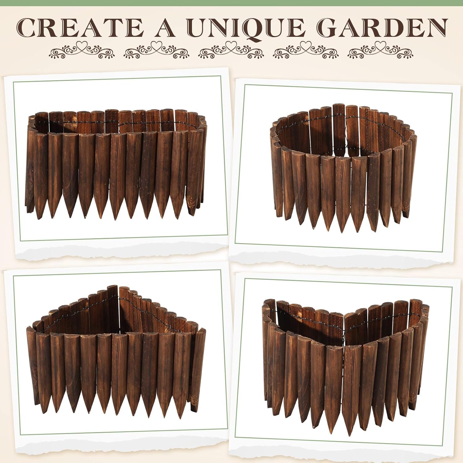 Sasylvia 6 Pack Wooden Garden Edging Wood Garden Fence Panels Pathway 7.9 x 42 Inch Outdoor Landscape Edging Wood Edging Border Flexible Decorative Border Burnt Fence for Spring Garden Patio Yard