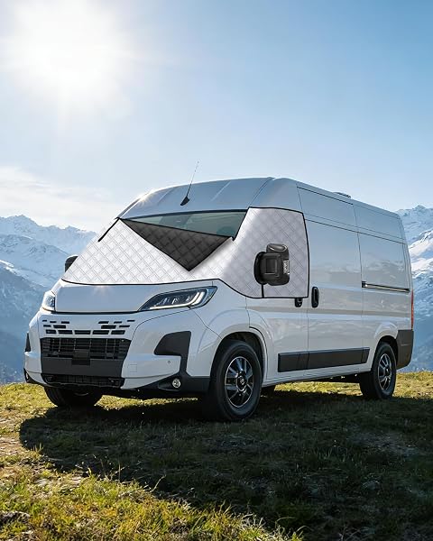 OlaVeg Van Windscreen Protector Aluminium Ducato Thermal Screen Cover Campervan Windscreen Cover with Zips External Waterproof Frost with Magnetic for P-eugeot Boxer C-itroen Relay X250/290 - 1