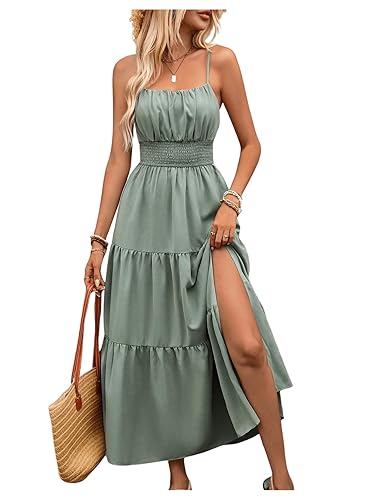 BEAUDRM Women's Boho Maxi Dress Fall Spring Wedding Guest Dress Summer Vacation Ruched Ruffle Flowy Milkmaid Sundress - Small - Green