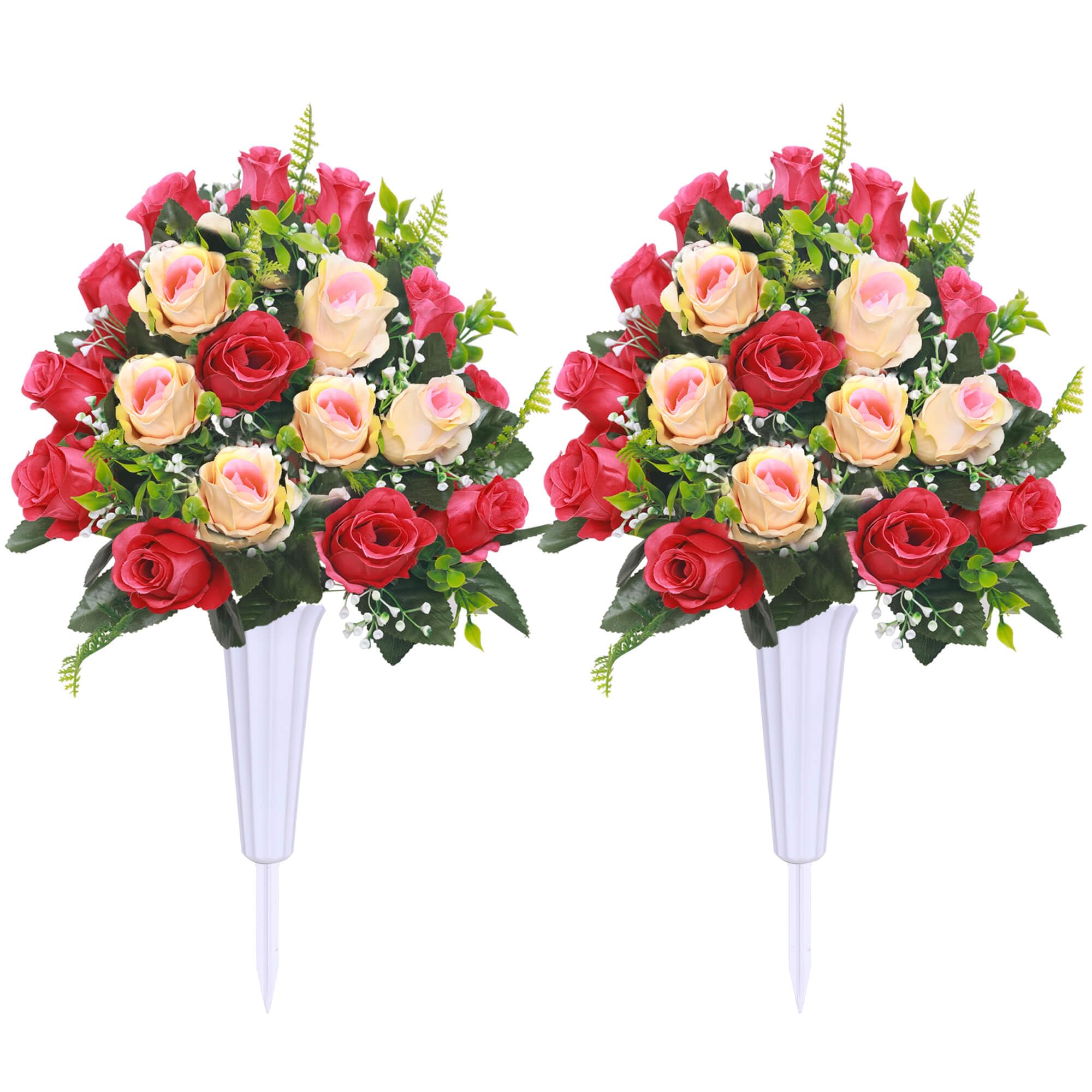 Lodou Artificial Cemetery Flowers,Outdoor Grave Decorations Roses,Memorial Flowers Bouquet with Cemetery Vase,Steel Spike Lasting and Non-Bleed Colors,2Sets (Red)