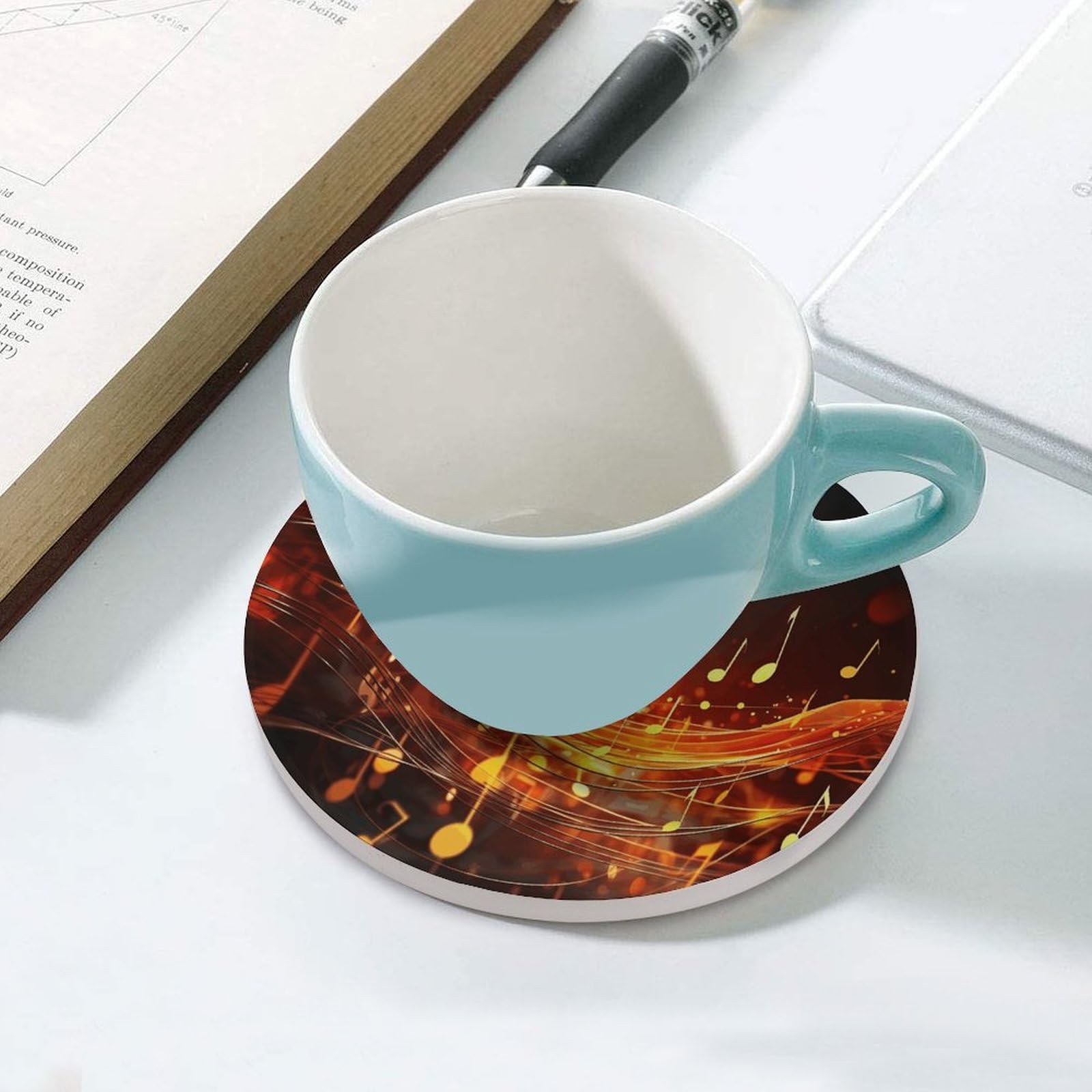Red Flame Music Note podstawki pod napoje z uchwytem na stolik kawowy, ceramiczna podstawka z podstawą korkową, ceramiczna podstawka do mrożonych zimnych lub gorących napojów, 10 cm
