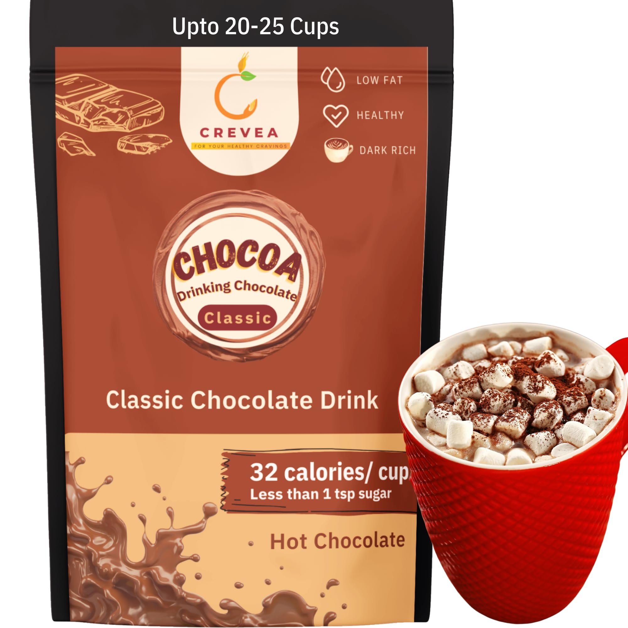 Chocoa Classic Dark: Healthy Hot Chocolate Powder (20-25 Cups)| 65% Premium Cocoa Powder| 50% less sugar| Guilt Free Drinking Chocolate Powder for Milk Mix
