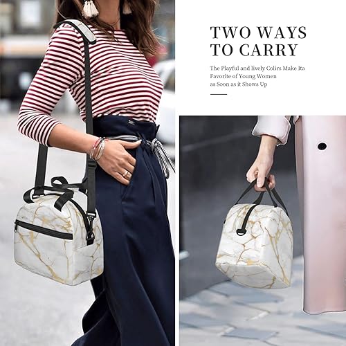 Miniatura 7 de Bolsa de almuerzo con textura de mármol, reutilizable, aislada, bolsa de almuerzo con correa de hombro ajustable para oficina, trabajo, escuela,