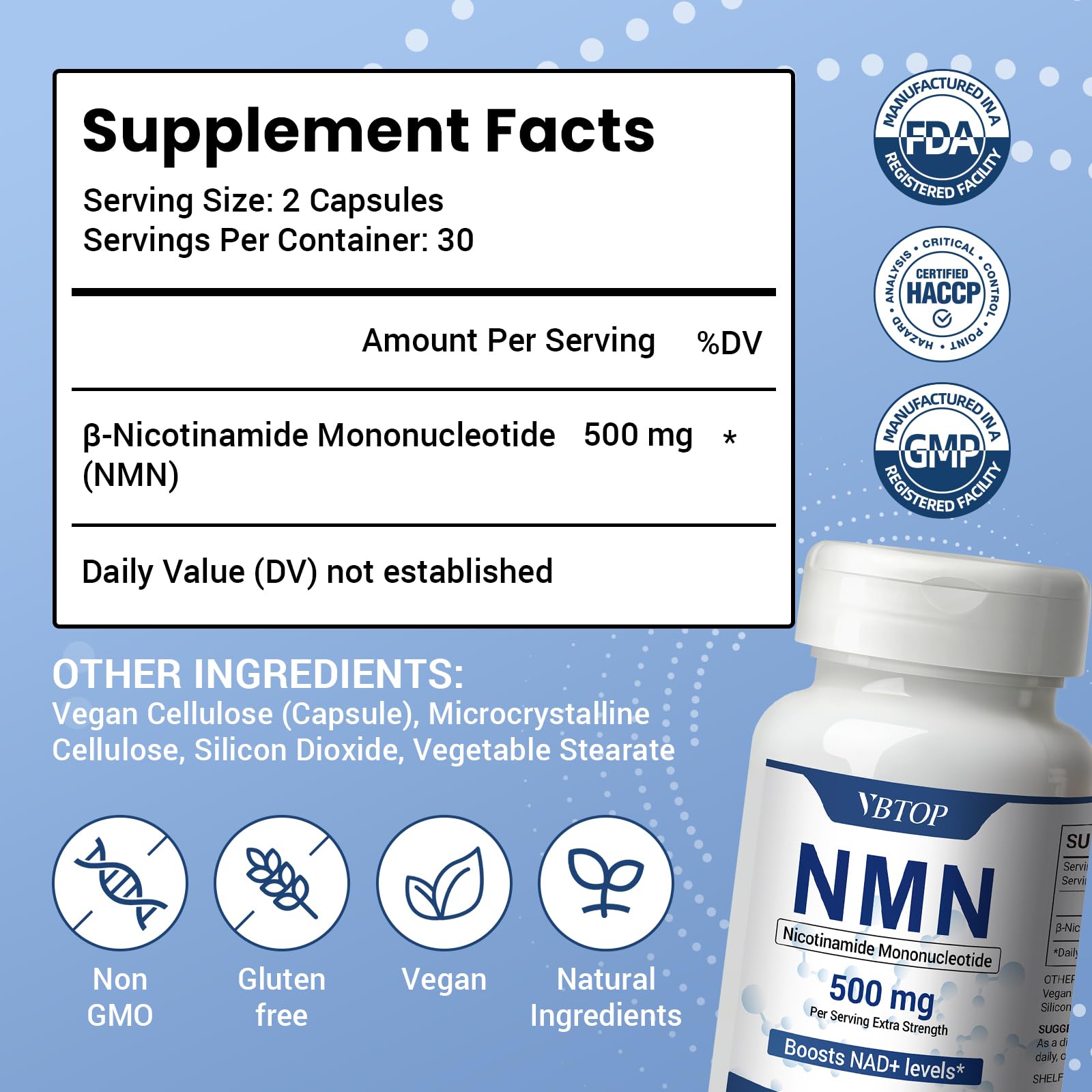 NMN (Nicotinamide Mononucleotide) 500mg Supplement, 120 Vegan Capsules — Amazon image 2