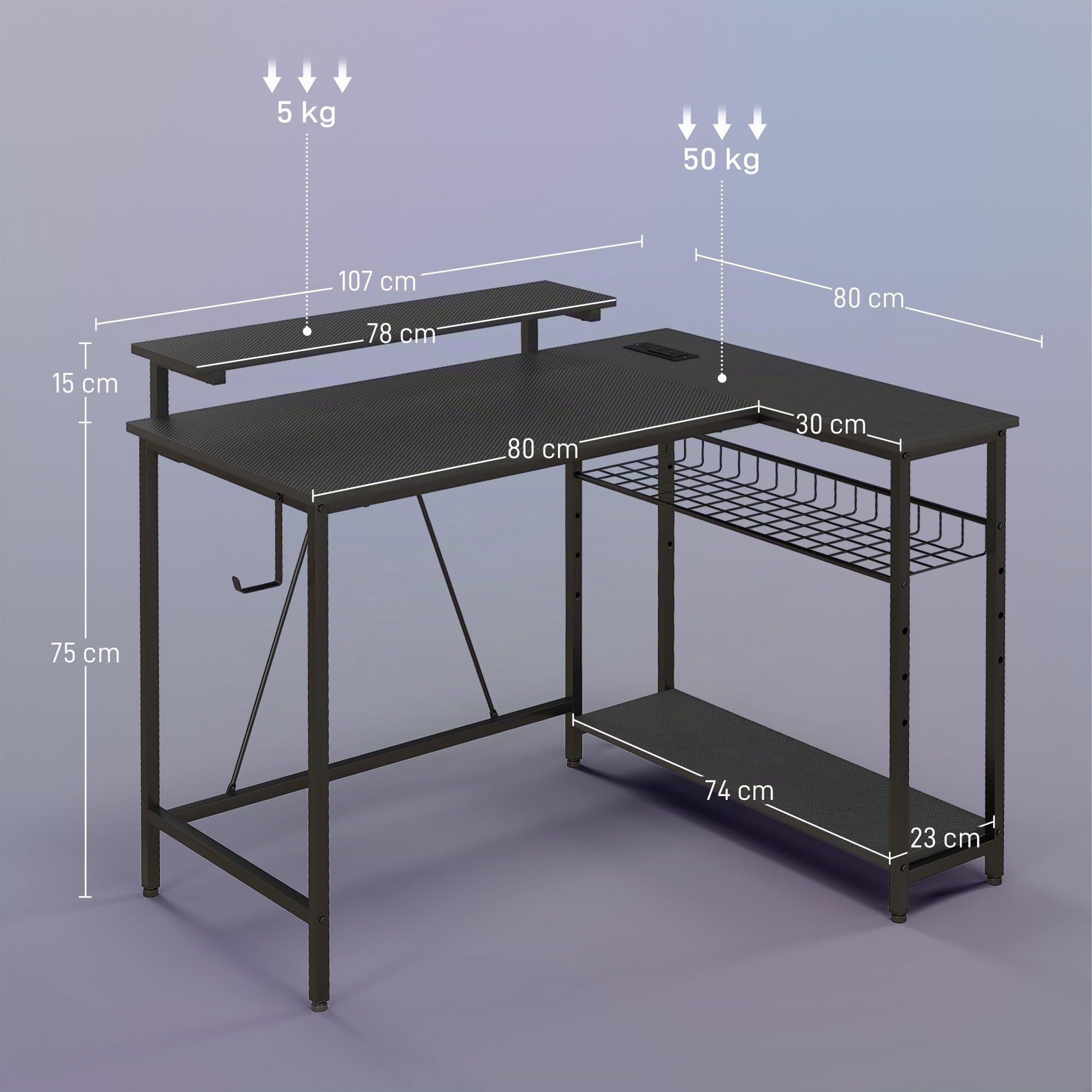HOMCOM Scrivania Angolare con Luci LED, Prese USB, Supporto Monitor, Nero | Prese di Corrente, Scrivania da Gaming e Ufficio, Design Reversibile, con Ripiani