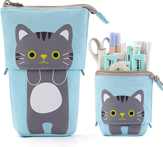 Cute Pencil Case,Cartoon Cat Pencil Holder Upright Pencil Bag Stationery Case Gift for Students Teenagers Girls Adults Students and Office Supplies
