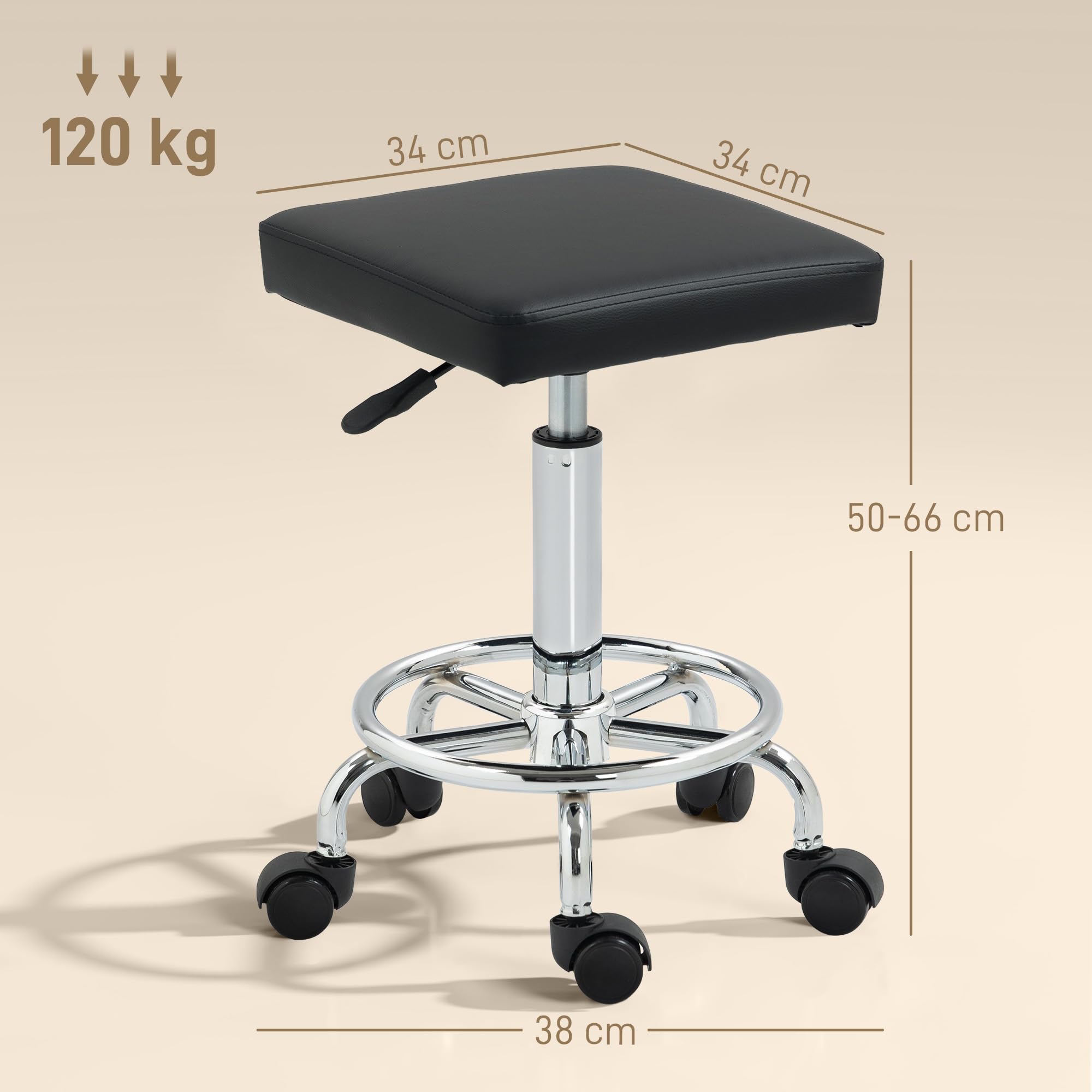 HOMCOM Sgabello girevole con ruote, altezza regolabile 50-66 cm, nero | Seduta imbottita in pelle sintetica, poggiapiedi, per saloni e officine