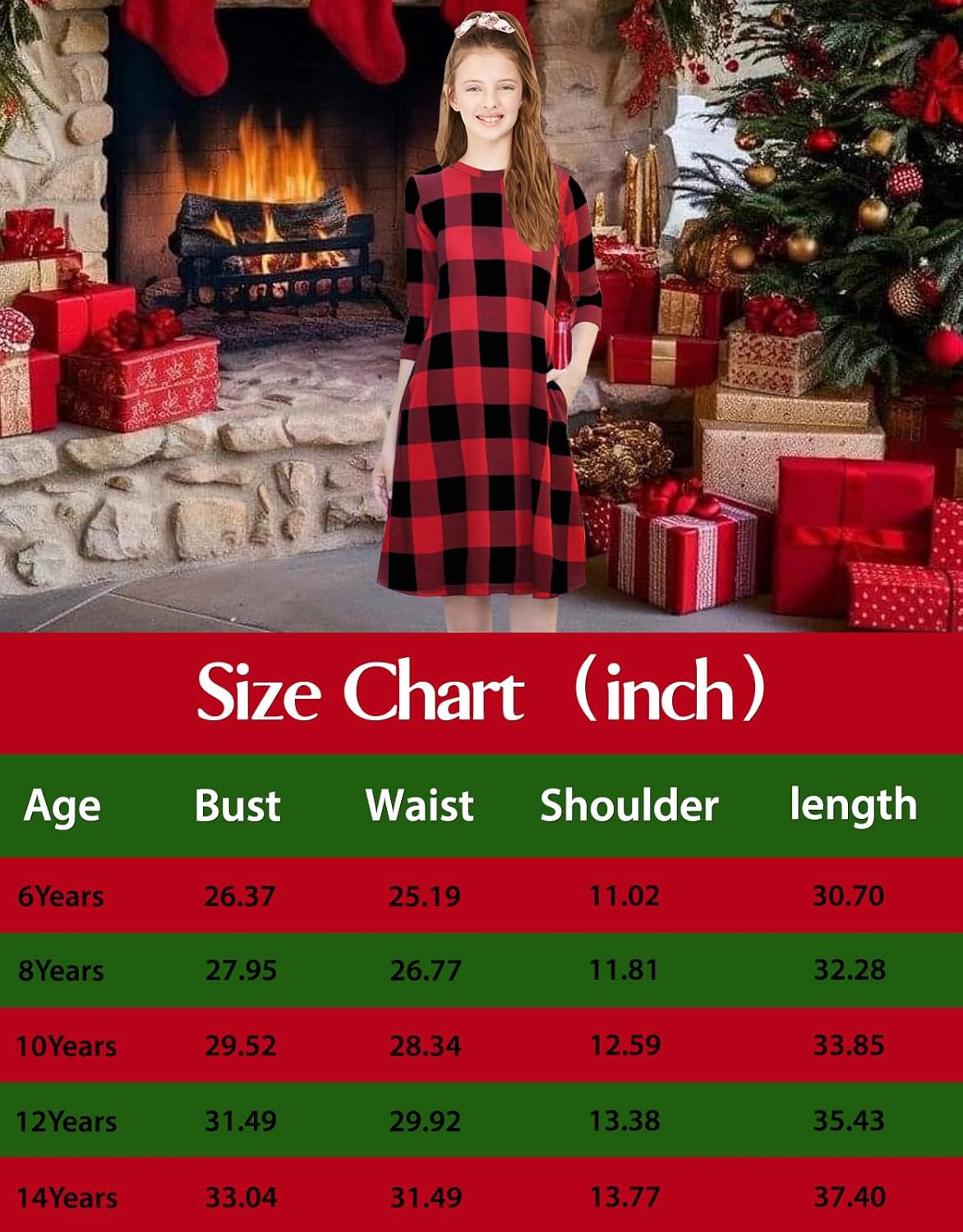 KYMIDY Girls Buffalo Check Plaid Dress Kids 3/4 Sleeve Casual Midi Dresses with Pockets for Girls 6-14 Years - Image 6