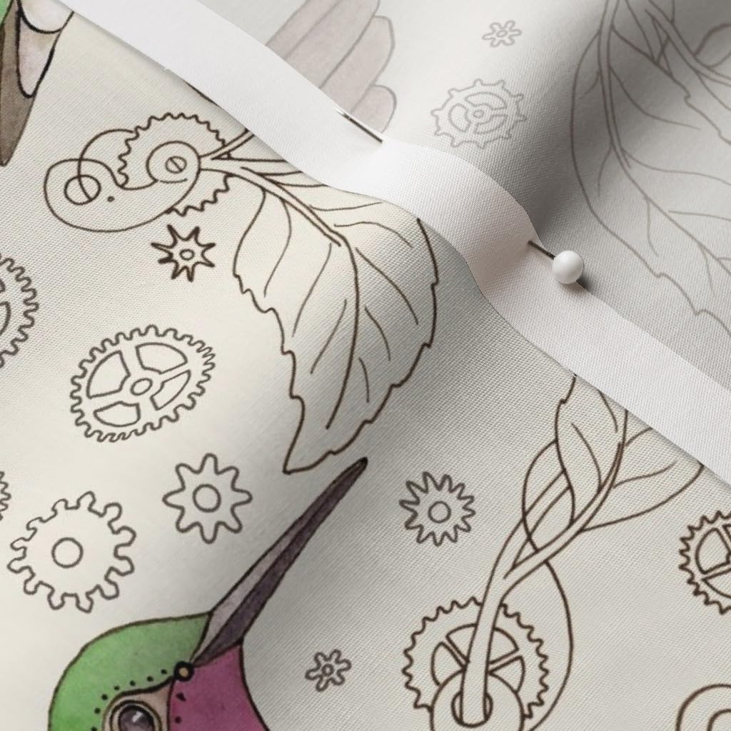 Spoonflower Fabric - Steampunk Hummingbird Clockwork Bird Line Drawing Printed on Cotton Poplin Fabric by The Yard - Sewing Shirting Quilting Dresses Apparel Crafts