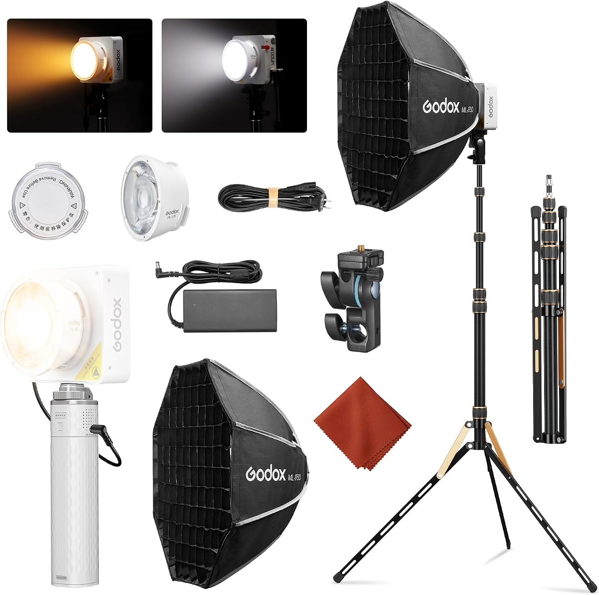 Kit Godox ML100Bi con soporte de luz con empuñadura de batería Softbox Godox ML-SF50 | Luz LED para vídeo bicolor 2800K-6500K 33200Lux@1m, luz de salida continua COB CRI 97+ TLCI 98+, control de aplicaciones, carga USB-C