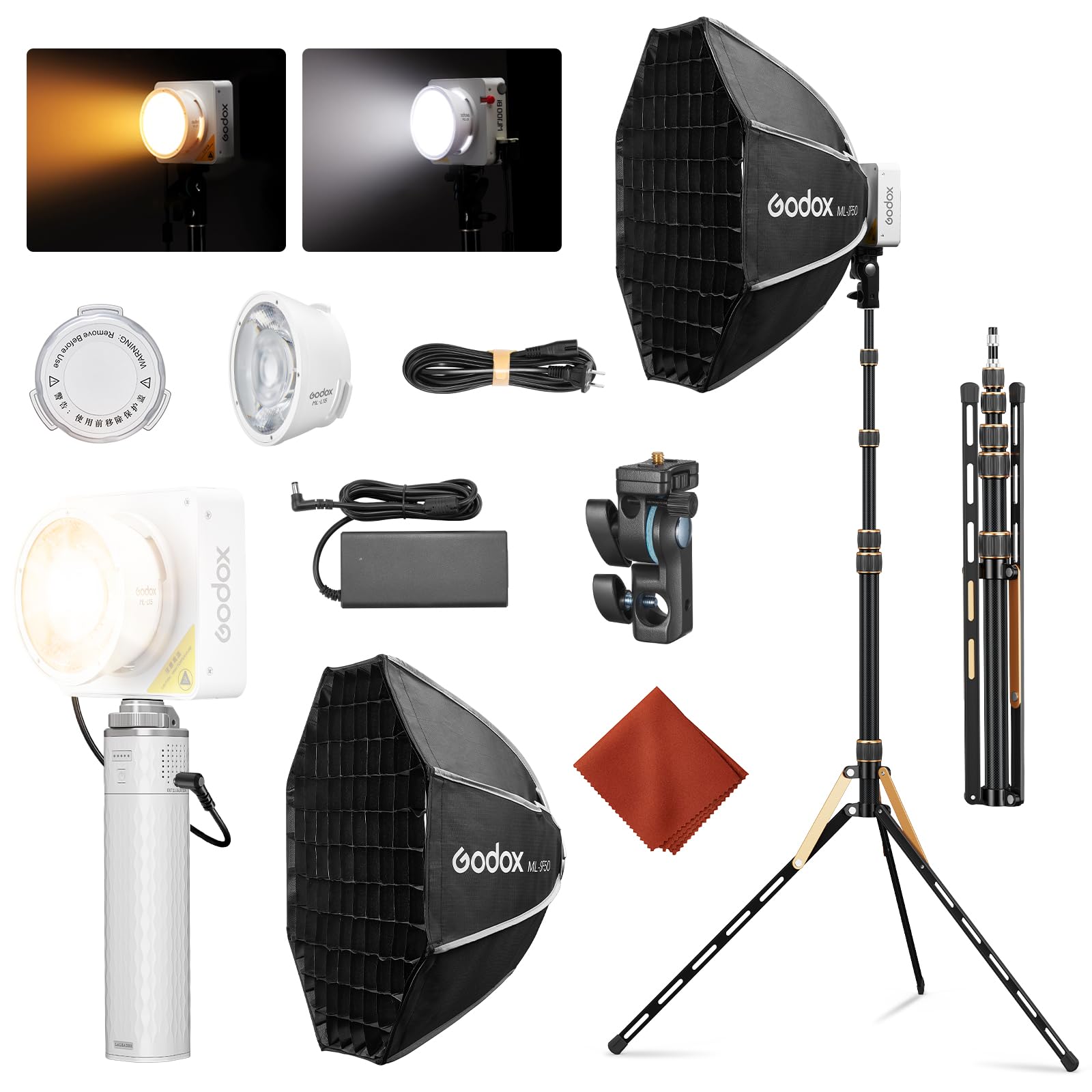 Godox ML100Bi 120W LED Video Light with Battery Grip/Light Stand-Bi Color 2800K-6500K 33200Lux@1m, COB Continuous Output Lighting CRI 97+ TLCI 98+, App Control, USB-C Charging, 11 FX Effects