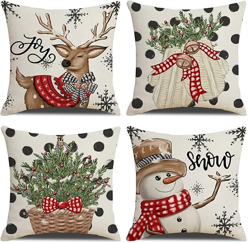 Juego de 4 fundas de almohada decorativas para decoración de Navidad, decoración del hogar para sofá (árbol de Navidad, muñeco de nieve, guantes de