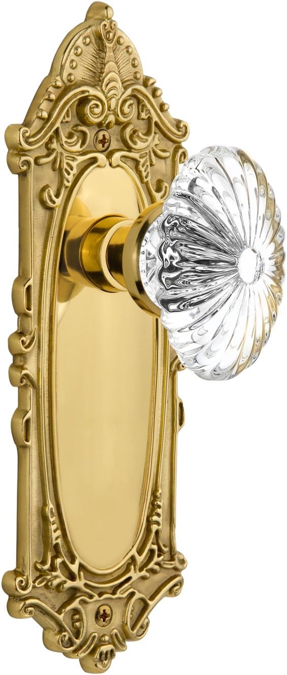 Nostalgic Warehouse Victorian Plate with Oval Fluted Crystal Glass Knob, Passage - 2.375", Antique Brass