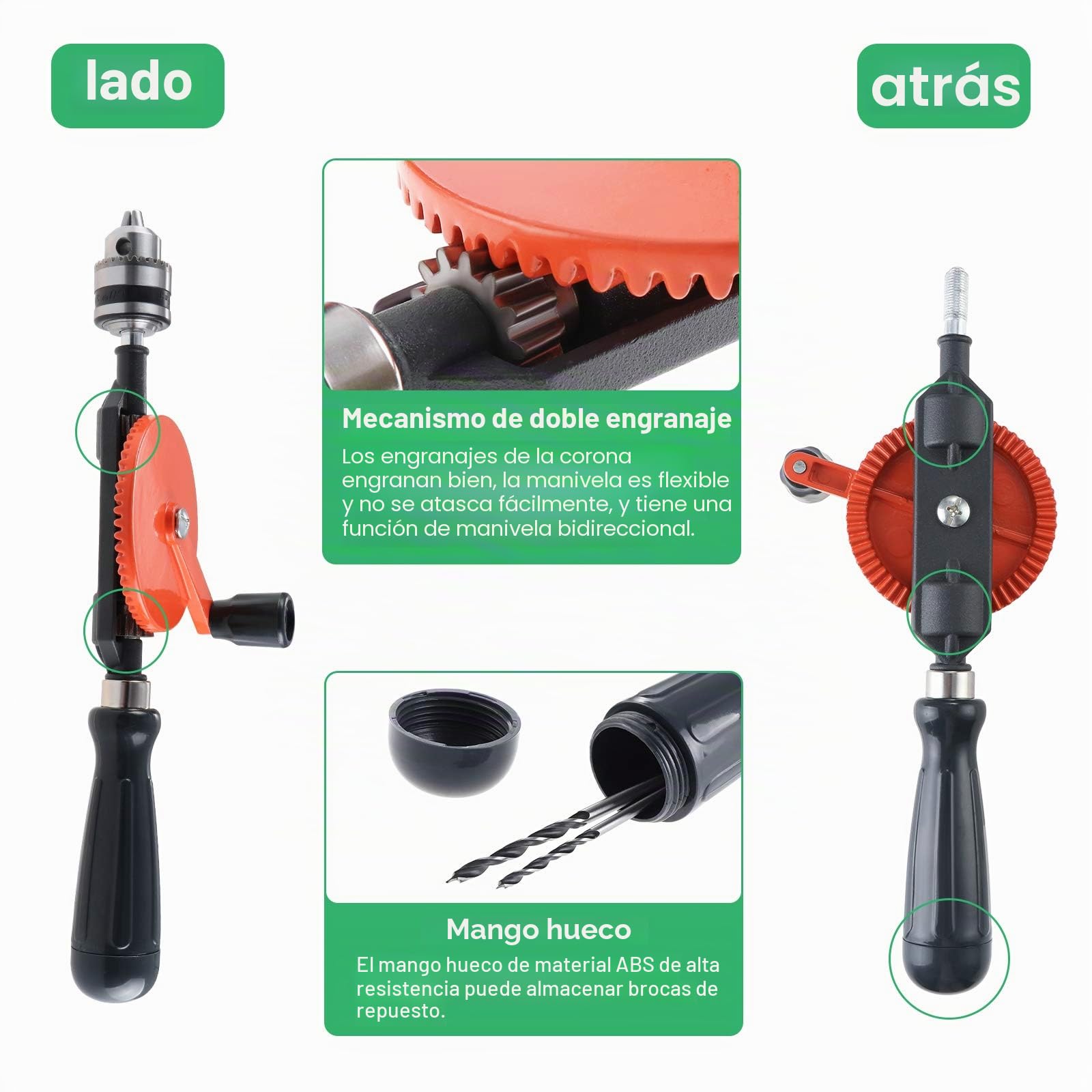 HSEAMALL Taladro manual - manivela manual, capacidad de 1,5 a 10 mm, portabrocas de piñón doble, para madera, plástico, acrílico, perforación de placa de circuito