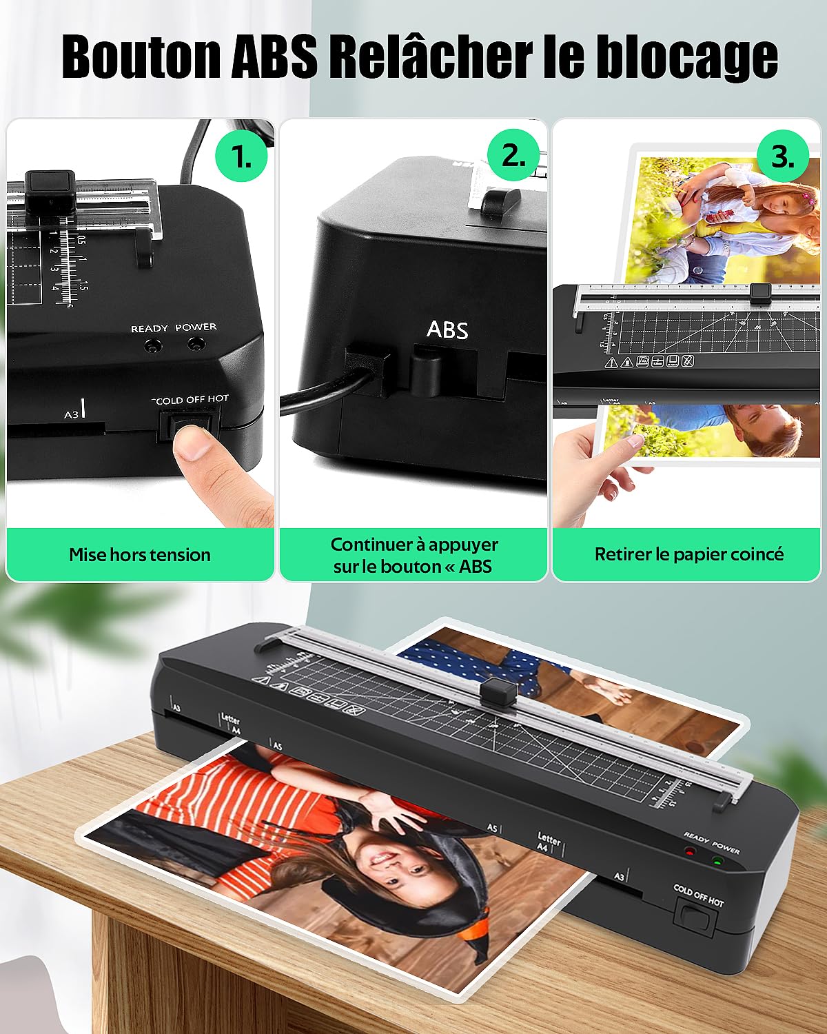 Laminator A3 z 50 foliami do laminowania, szybkie nagrzewanie, 70 sekund, laminowanie na gorąco i na zimno, z wbudowaną przecinarką do papieru, do domu, szkoły, biura
