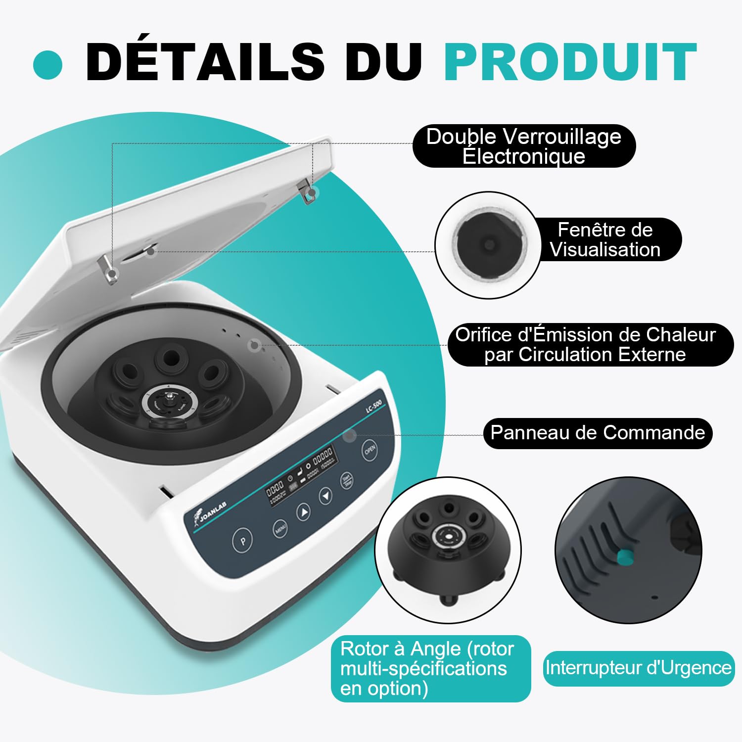 JOANLAB LC500-6 Centrifugeuse de Laboratoire, 500-4000RPM, 2146xg | 9 programmes, écran digital, tubes 2/5/10/15/50ml, arrêt déséquilibre, verrou couvercle, séparation plasma PRP