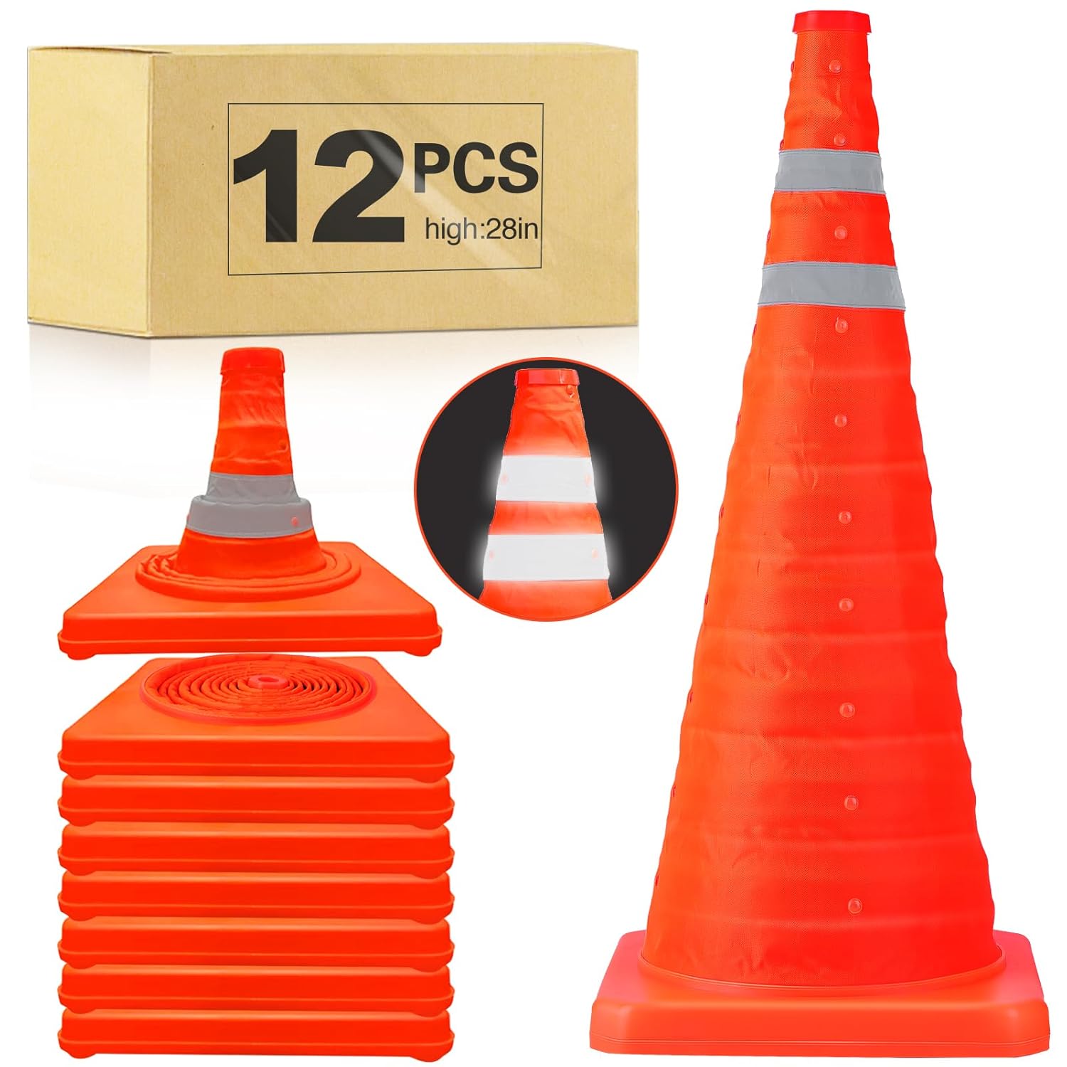 TENKAIWICK 28 Inch 12 Pack Traffic Cones, Collapsible Safety Cones, Multi Purpose Pop-up Cones with Reflective Collar, Orange Cones for Parking lot, Driveway, Driving Training etc
