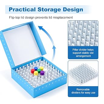 1 Inch 100-well Cryo Boxes, Lab Freezer Boxes with Connected Lid, 1PCS, ID-Color Cardboard Freezer Boxes with Post-Style Divider