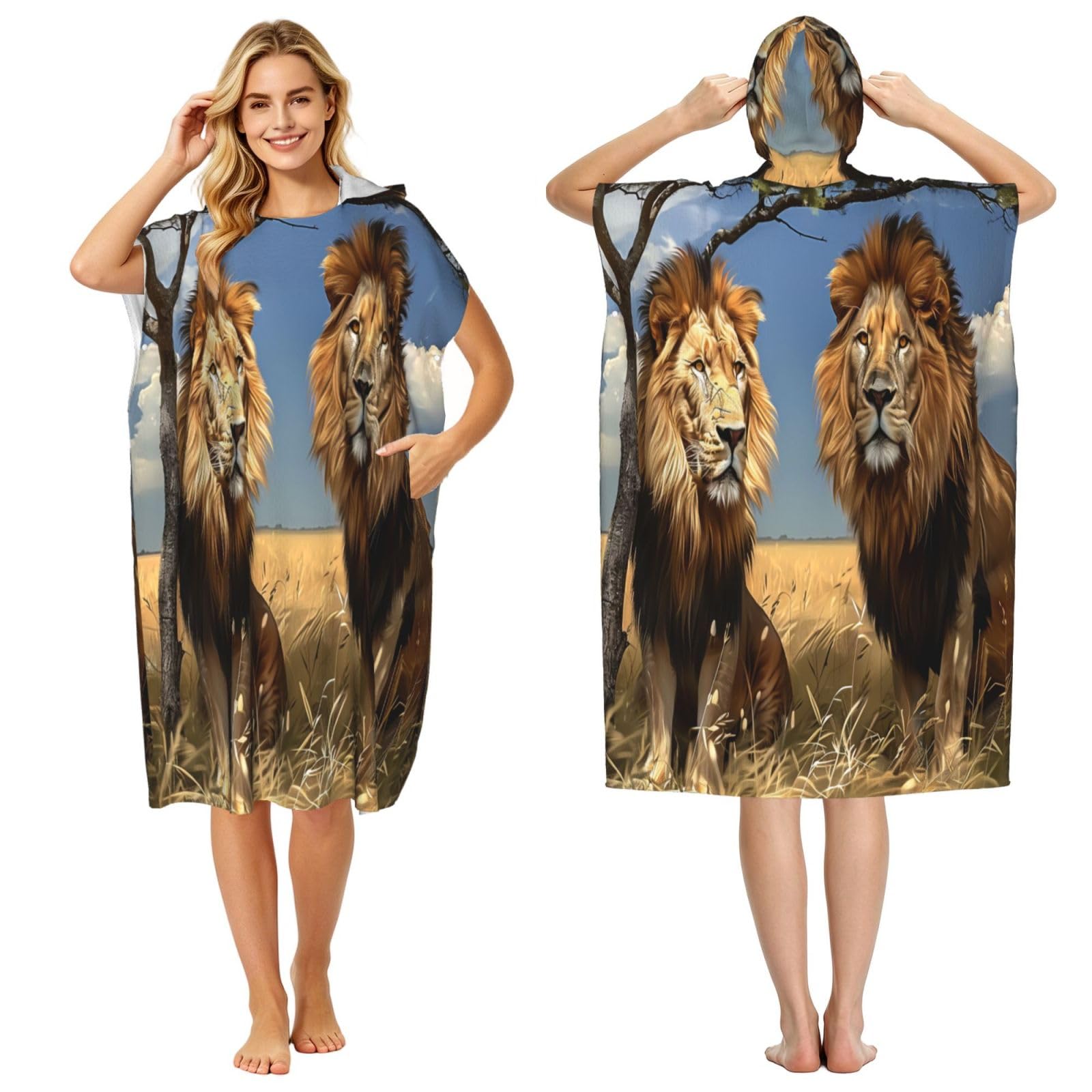 KLGRTJHK Lion In The Steppe Adult Hooded Beach Poncho Towel 43"X35"