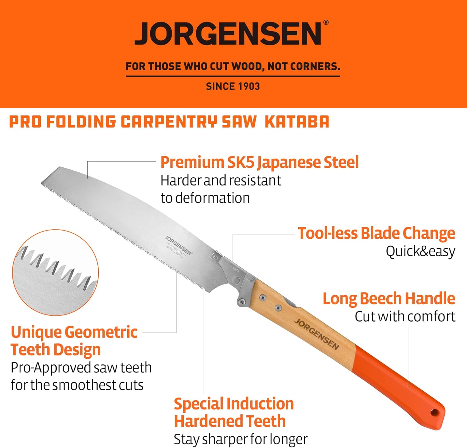 JORGENSEN Japanese Pull Saw KATABA, 10-3/8 Inch Folding saw with Premium SK5 Steel Blade, 14 TPI, Woodworking Handsaw for Hardwood & Softwood, Wood Trim